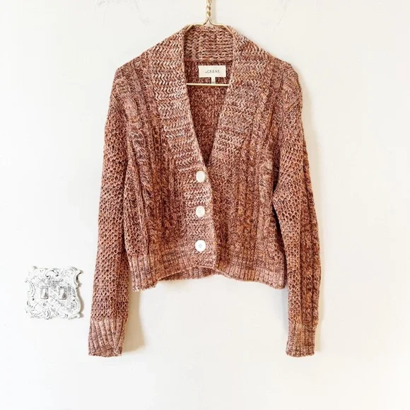 The Great. The Montana Cropped Cable Cardigan Coral Pink Prairie Marl Knit 2 / M - Picture 5 of 9